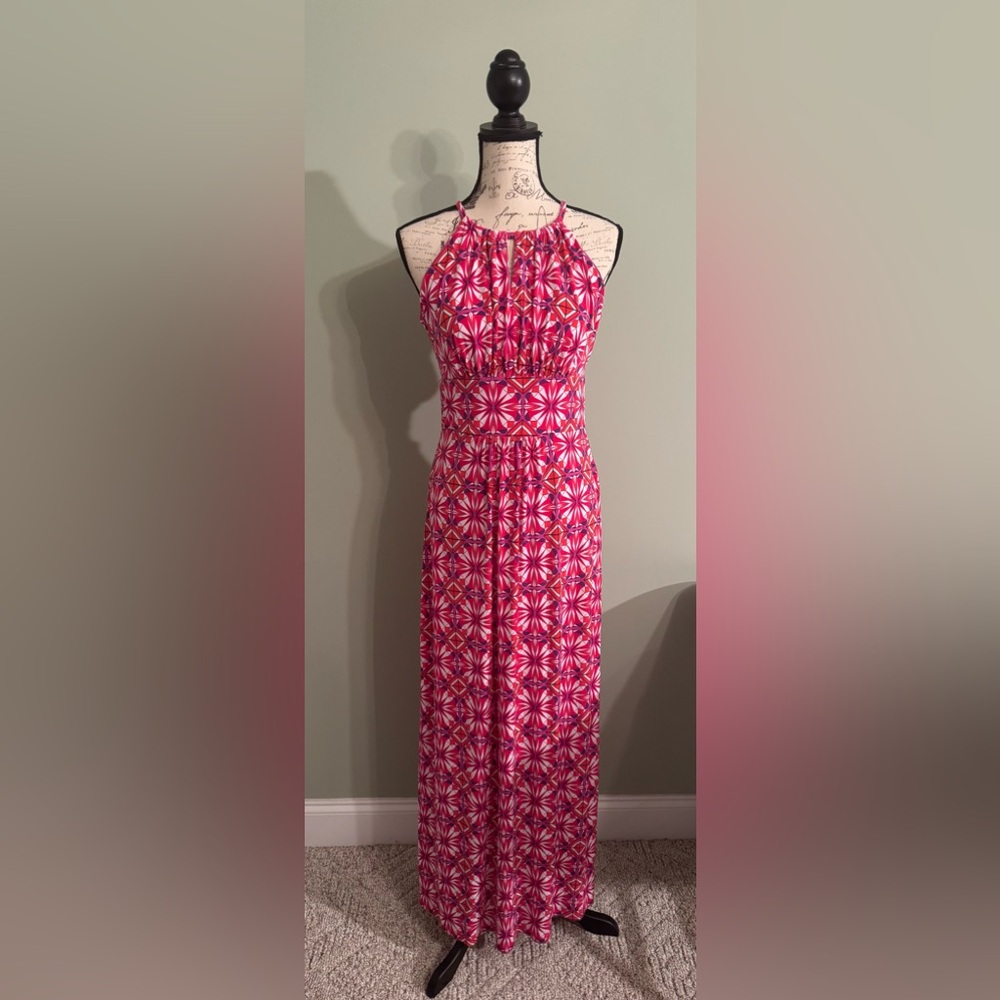 Cato Pink Geometric Print Maxi Dress Sleeveless Keyhole Women’s Size Small